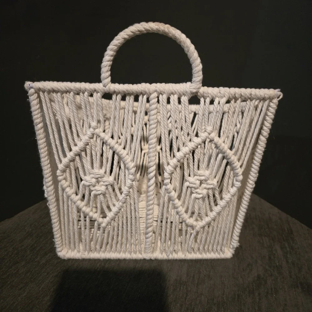Boho Macrame Wall Hanging Basket Woven Pocket Planter Storage Medium Size Cream